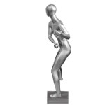 Female mannequin without facial features playing tennis in silver color 