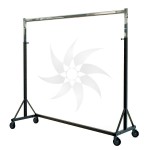 Stackable metal coat rack for heavy loads with wheels 150 cm wide and adjustable height.
