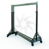 Stackable metal coat rack for heavy loads with wheels 150 cm wide and adjustable height. Detail.