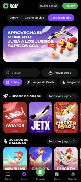 Lucky Star — lobby de juegos rápidos con Aviator, JetX y Chicken Road 2